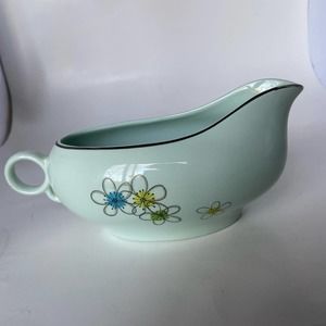 Nobility Permaware Mist Gravy Boat 1950's Green Background, Outlined Flowers